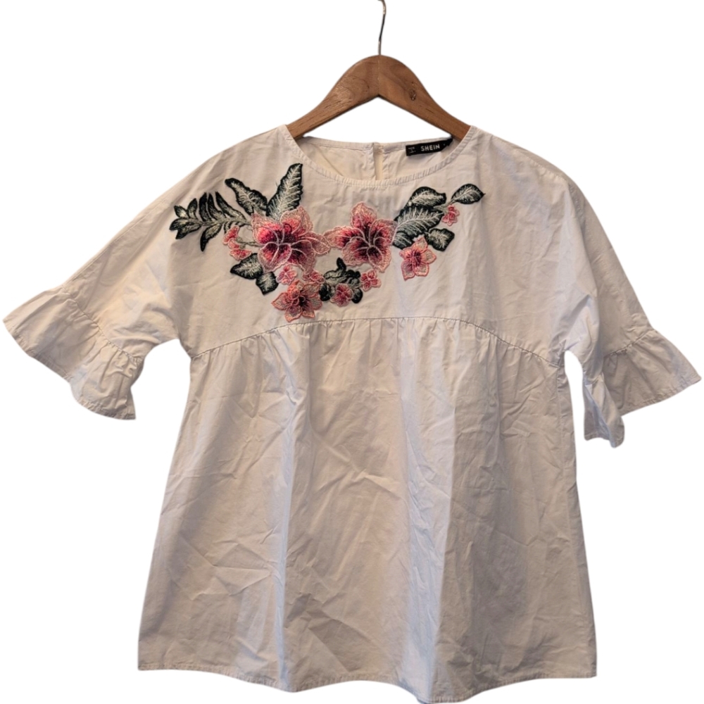 Embroidered floral loose cotton‎ blouse Lightweight Modest Summer Sz S